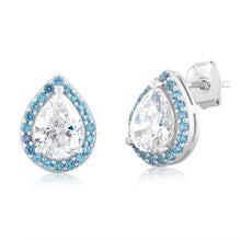 Load image into Gallery viewer, Sterling Silver Rhodium Plated Pear Shaped Blue And White Zirconia Stud Earrings