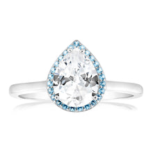 Load image into Gallery viewer, Sterling Silver Rhodium Plated Pear Shaped Blue And White Zirconia Ring