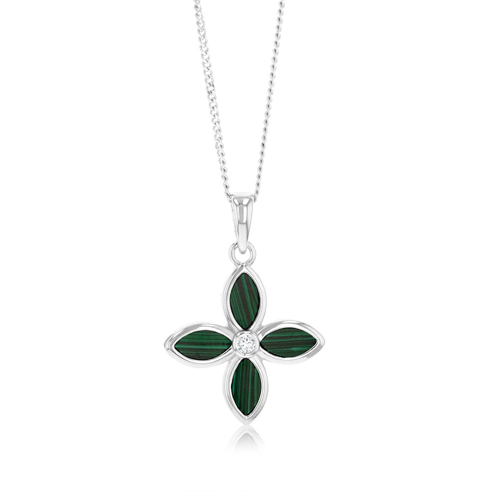 Sterling Silver Rhodium Plated Created Malachite Four Leaf Pendant