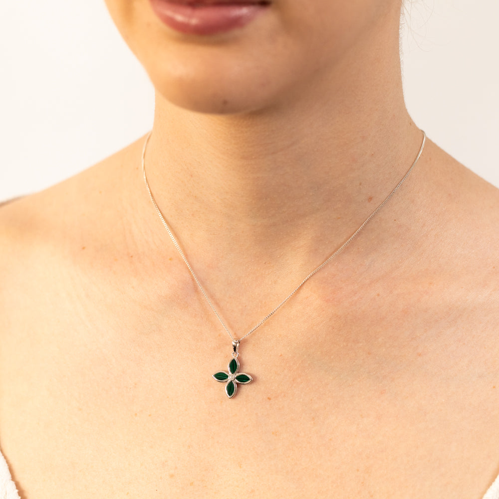 Sterling Silver Rhodium Plated Created Malachite Four Leaf Pendant