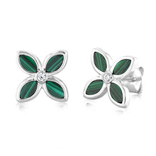 Load image into Gallery viewer, Sterling Silver Rhodium Plated Created Malachite Four Petal Stud Earrings