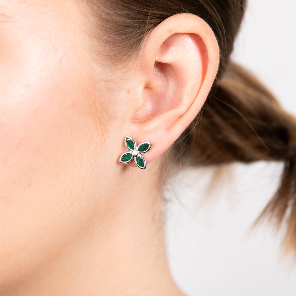 Sterling Silver Rhodium Plated Created Malachite Four Petal Stud Earrings