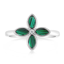 Load image into Gallery viewer, Sterling Silver Rose Rhodium Plated Created Malachite Four Petal Ring