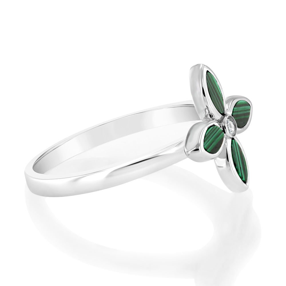 Sterling Silver Rose Rhodium Plated Created Malachite Four Petal Ring