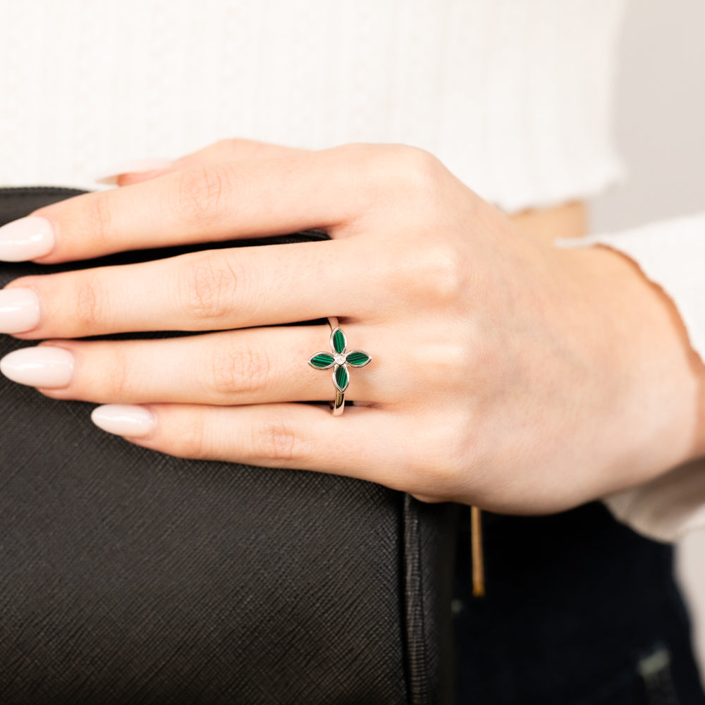 Sterling Silver Rose Rhodium Plated Created Malachite Four Petal Ring