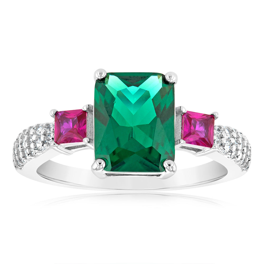 Sterling Silver Green And Pink Square Zirconia Ring