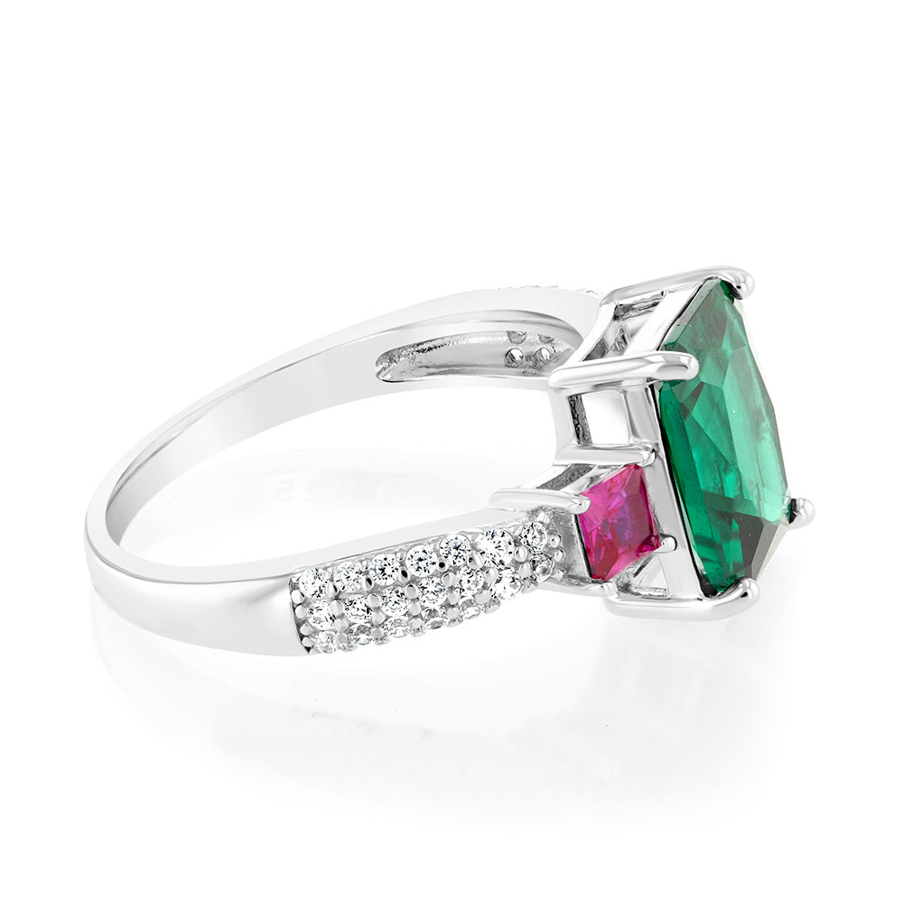 Sterling Silver Green And Pink Square Zirconia Ring