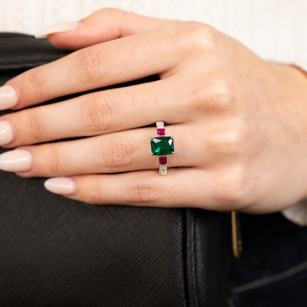 Sterling Silver Green And Pink Square Zirconia Ring