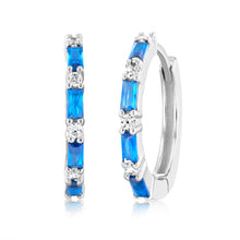 Load image into Gallery viewer, Sterling Silver Created Blue Sapphire Hoop Earrings