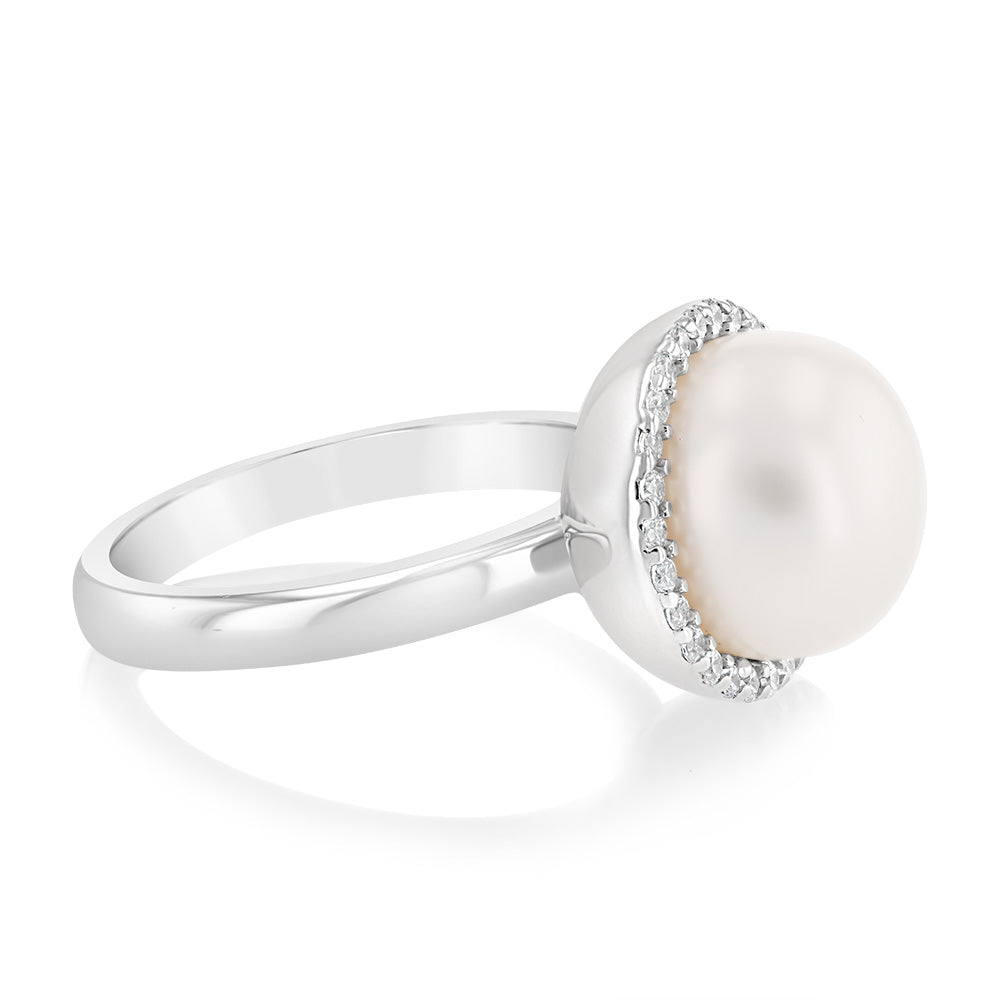 Sterling Silver Fresh Water Pearl And Zirconia Fancy Ring