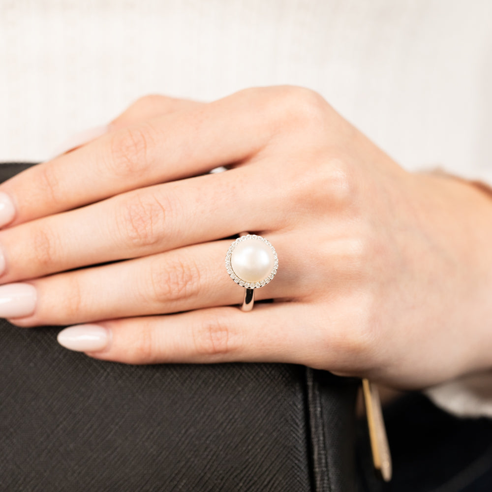 Sterling Silver Fresh Water Pearl And Zirconia Fancy Ring