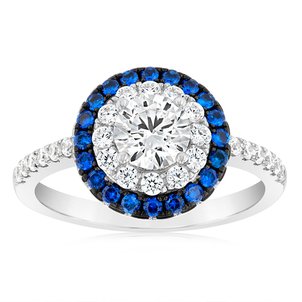 Sterling Silver Blue And White Zirconia Fancy Ring