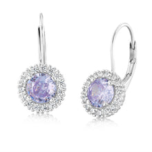 Load image into Gallery viewer, Sterling Silver Lavender And White Zirconia Halo Drop And Dangle Earrings