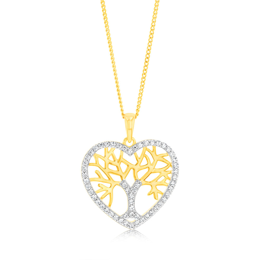 Sterling Silver Gold Plated Zirconia Tree Of Life Heart Pendant