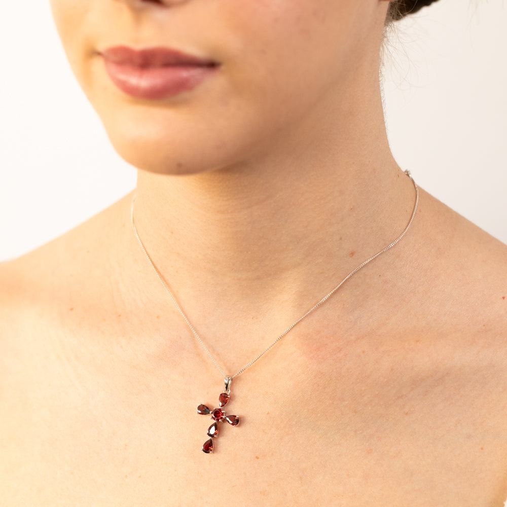 Sterling Silver Garnet Coloured Zirconia Cross Pendant