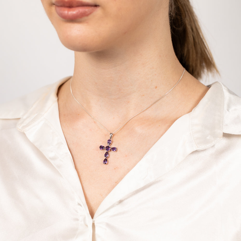 Sterling Silver Purple Zirconia Cross Pendant