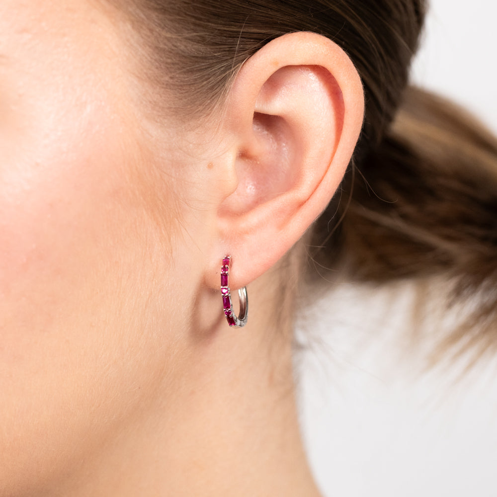 Sterling Silver Created Ruby Hoop Earrings