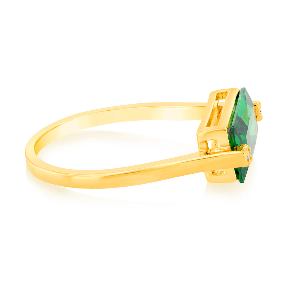 Sterling Silver Gold Plated Emerald Colour Rectangular Zirconia Ring