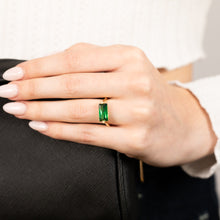 Load image into Gallery viewer, Sterling Silver Gold Plated Emerald Colour Rectangular Zirconia Ring