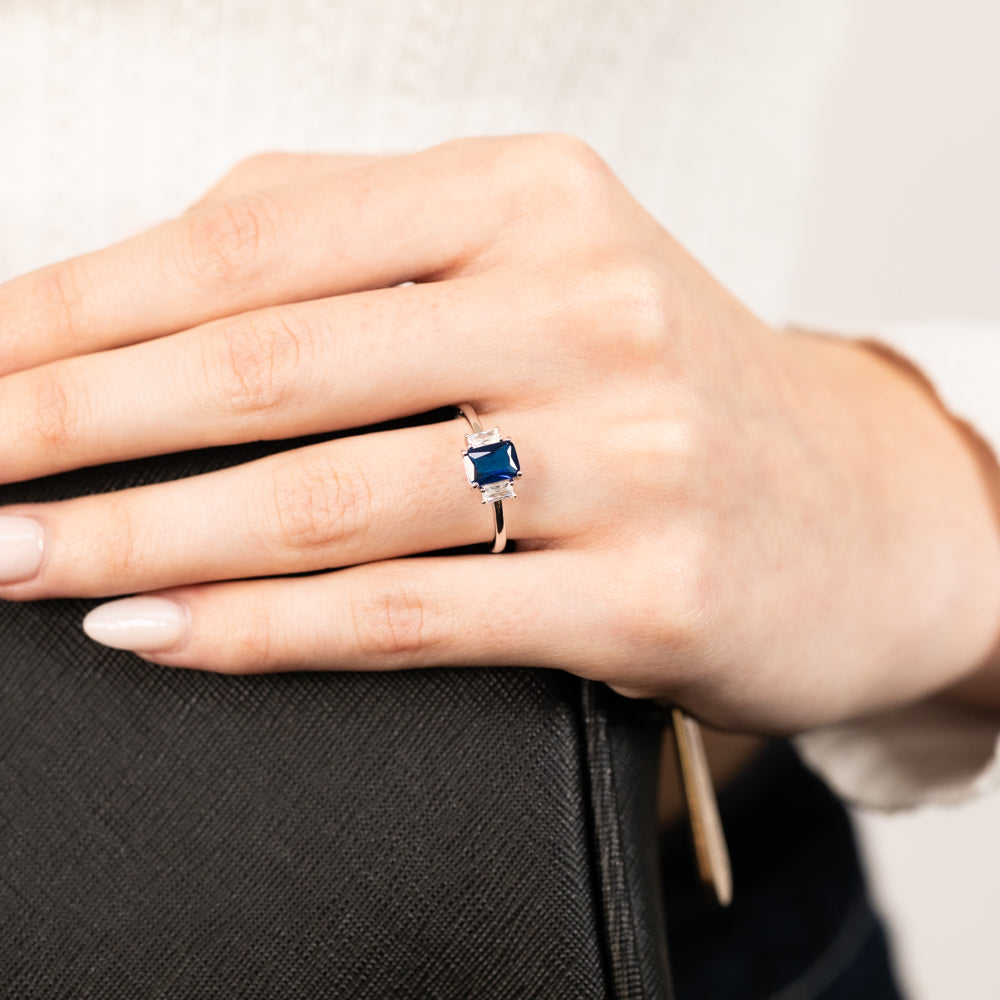 Sterling Silver White And Sapphire Blue Zirconia Fancy Ring