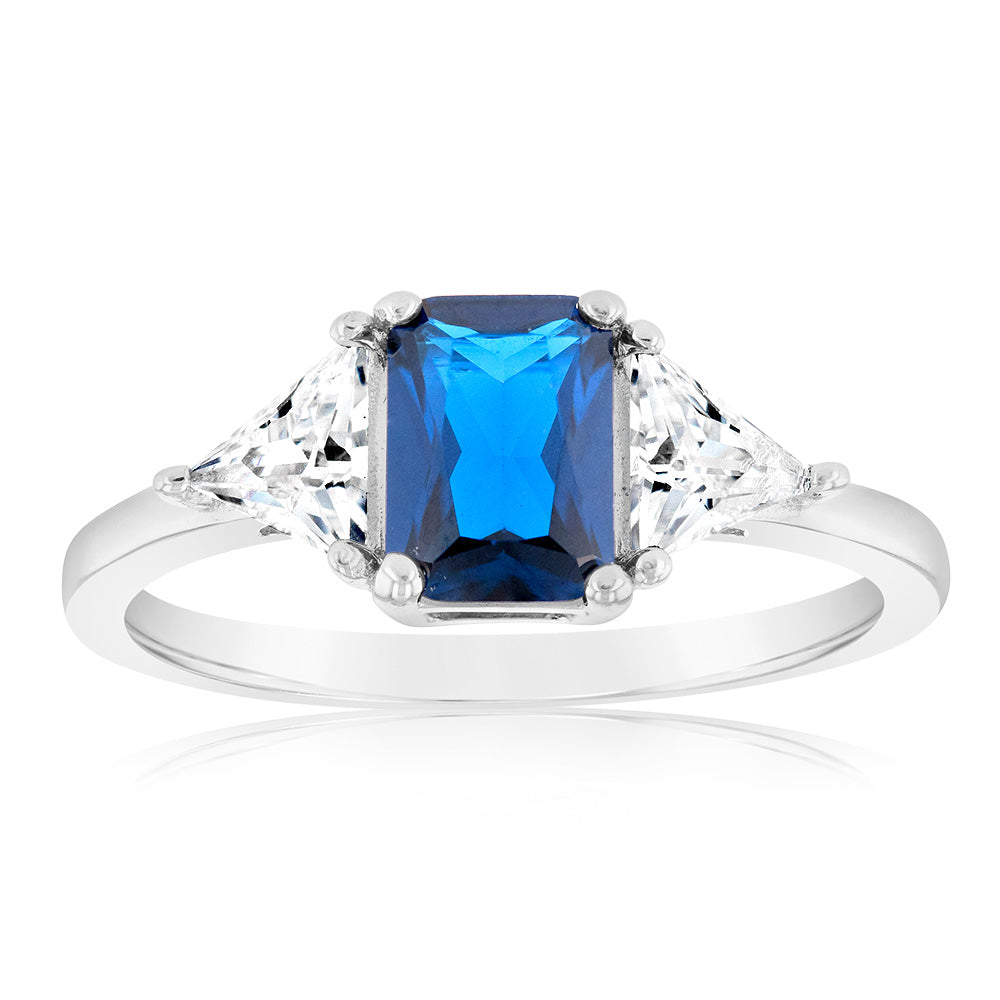 Sterling Silver White And Sapphire Blue Zirconia Fancy Ring