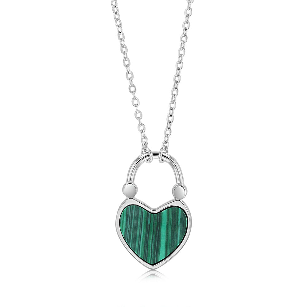 Sterling Silver Created Malachite Heart Pendant On Chain