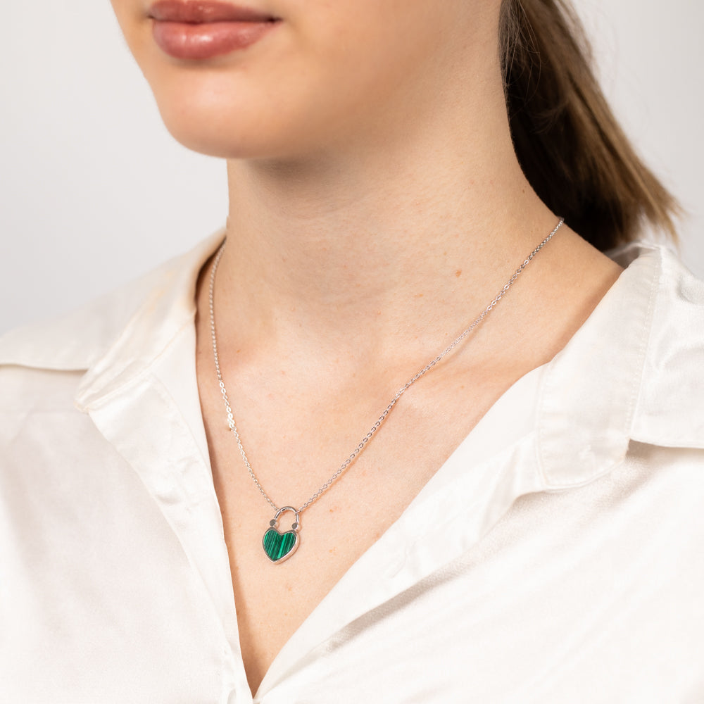 Sterling Silver Created Malachite Heart Pendant On Chain