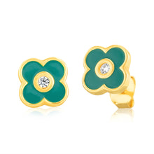 Load image into Gallery viewer, Sterling Silver Gold Plated Zirconia And Green Enamel Flower Stud Earrings