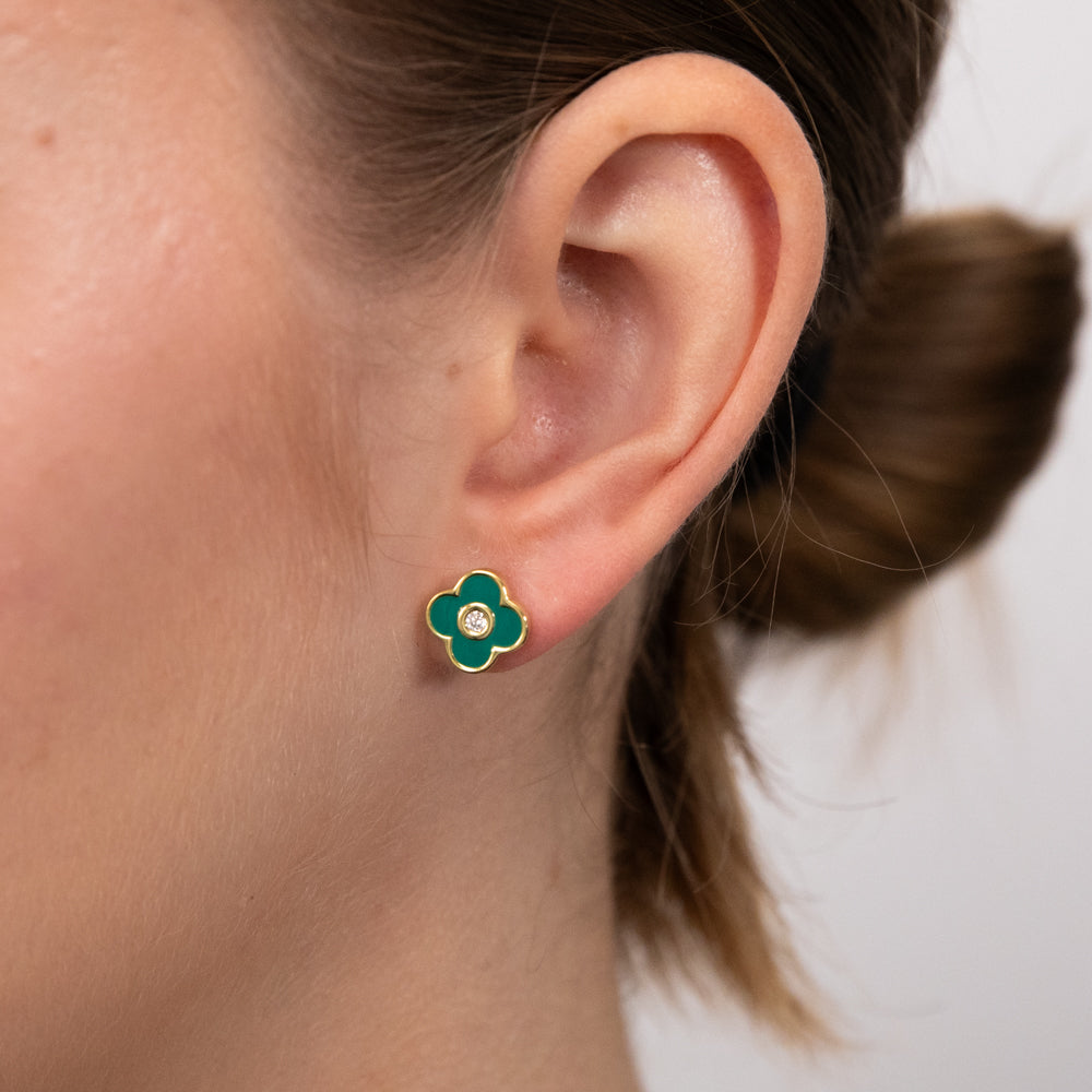 Sterling Silver Gold Plated Zirconia And Green Enamel Flower Stud Earrings