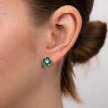 Load image into Gallery viewer, Sterling Silver Gold Plated Zirconia And Green Enamel Flower Stud Earrings