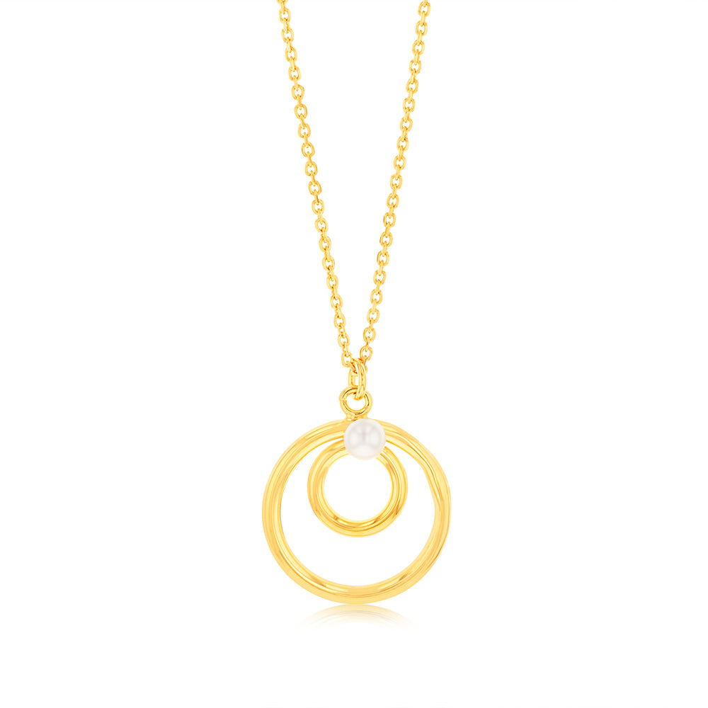 Sterling Silver Gold Plated Double Circle Synthetic Pearl Pendant on 45cm Chain