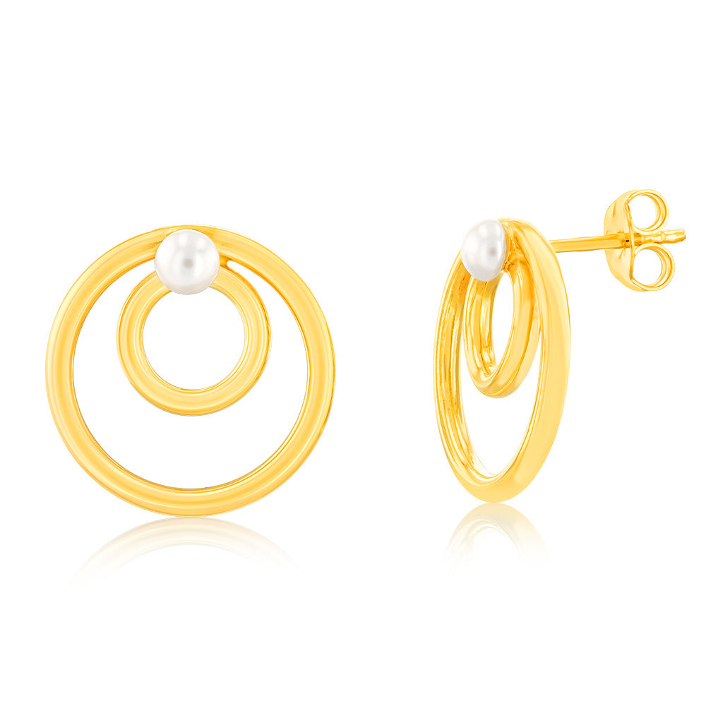 Sterling Silver Gold Plated Double Circle With Synthetic Pearl Stud Earrings