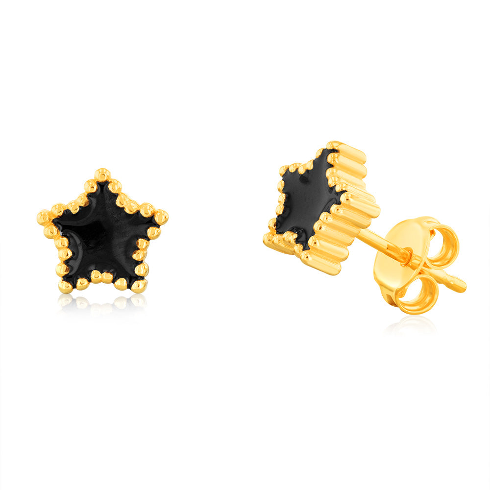 Sterling Silver Gold Plated Black Enamel Star Stud Earrings