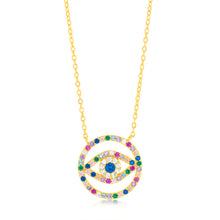 Load image into Gallery viewer, Sterling Silver Gold Plated Multicolour Zirconia Evil Eye Pendant on 45.7cm Chain