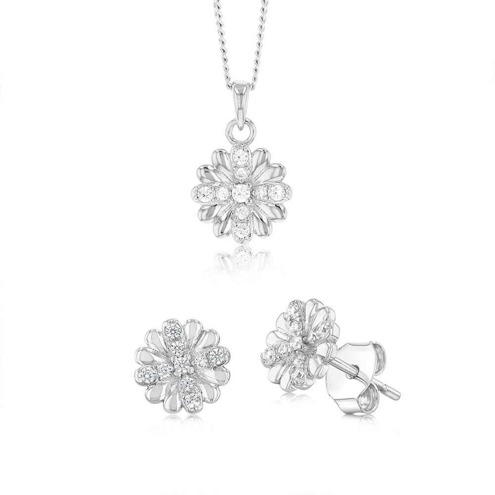 Sterling Silver White Cubic Zirconia Flower Pendant And Stud Earrings Set