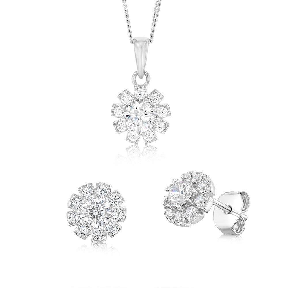 Sterling Silver White Cubic Zirconia Flower Pendant And Stud Earrings Set