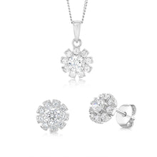 Load image into Gallery viewer, Sterling Silver White Cubic Zirconia Flower Pendant And Stud Earrings Set