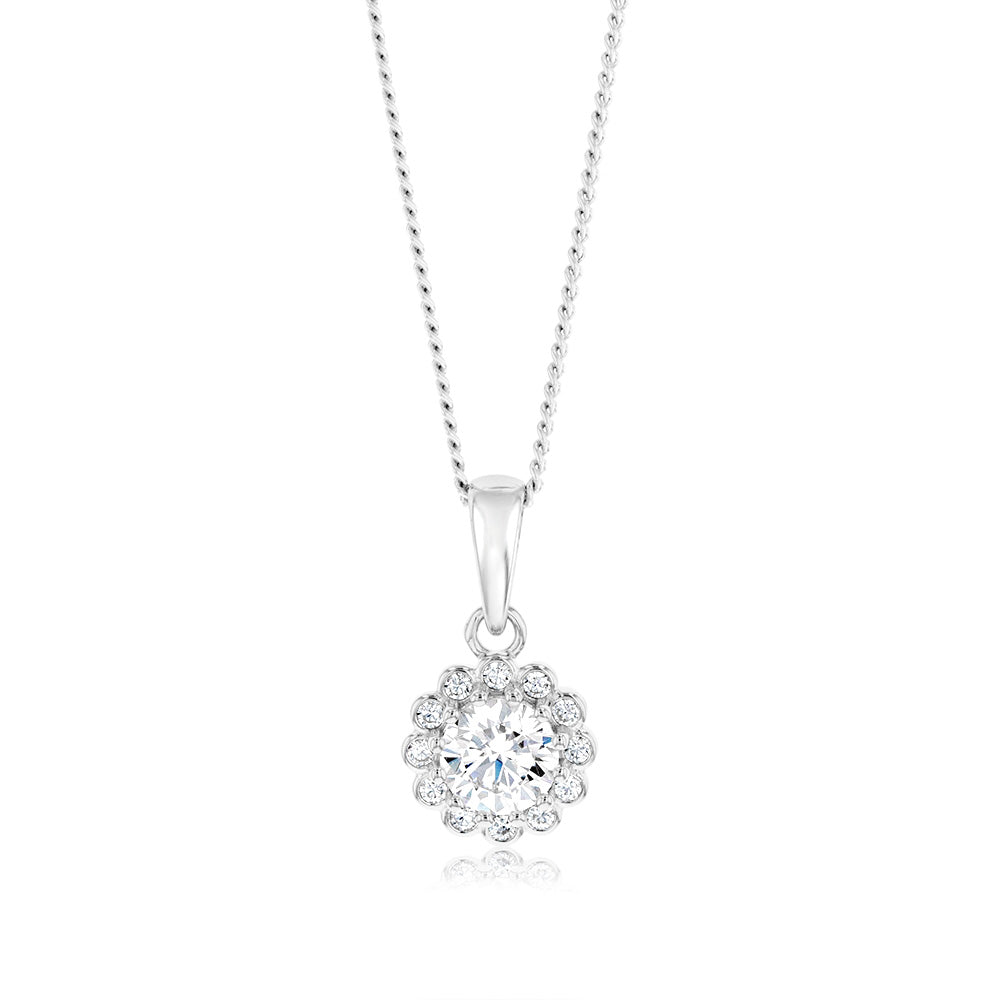 Sterling Silver Cubic Zirconia Halo Pendant And Stud Earrings Set