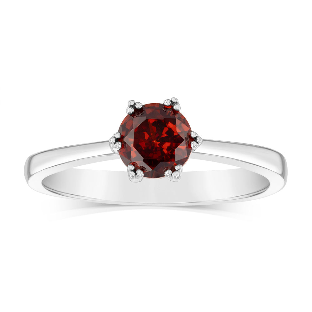 Sterling Silver Garnet Coloured Cubic Zirconia 6 Claw Ring