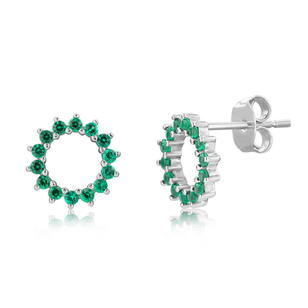 Sterling Silver Green Cubic Zirconia Circle Of Life Stud Earrings