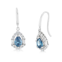 Load image into Gallery viewer, Sterling Silver Rhodium Plated White And Sapphire Cubic Zirconia Pear Shaped Drop Earrings