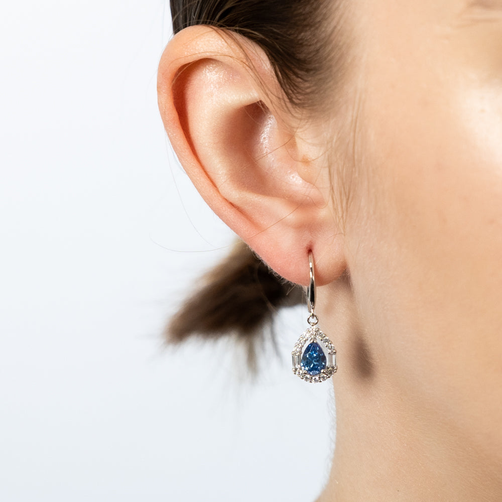 Sterling Silver Rhodium Plated White And Sapphire Cubic Zirconia Pear Shaped Drop Earrings