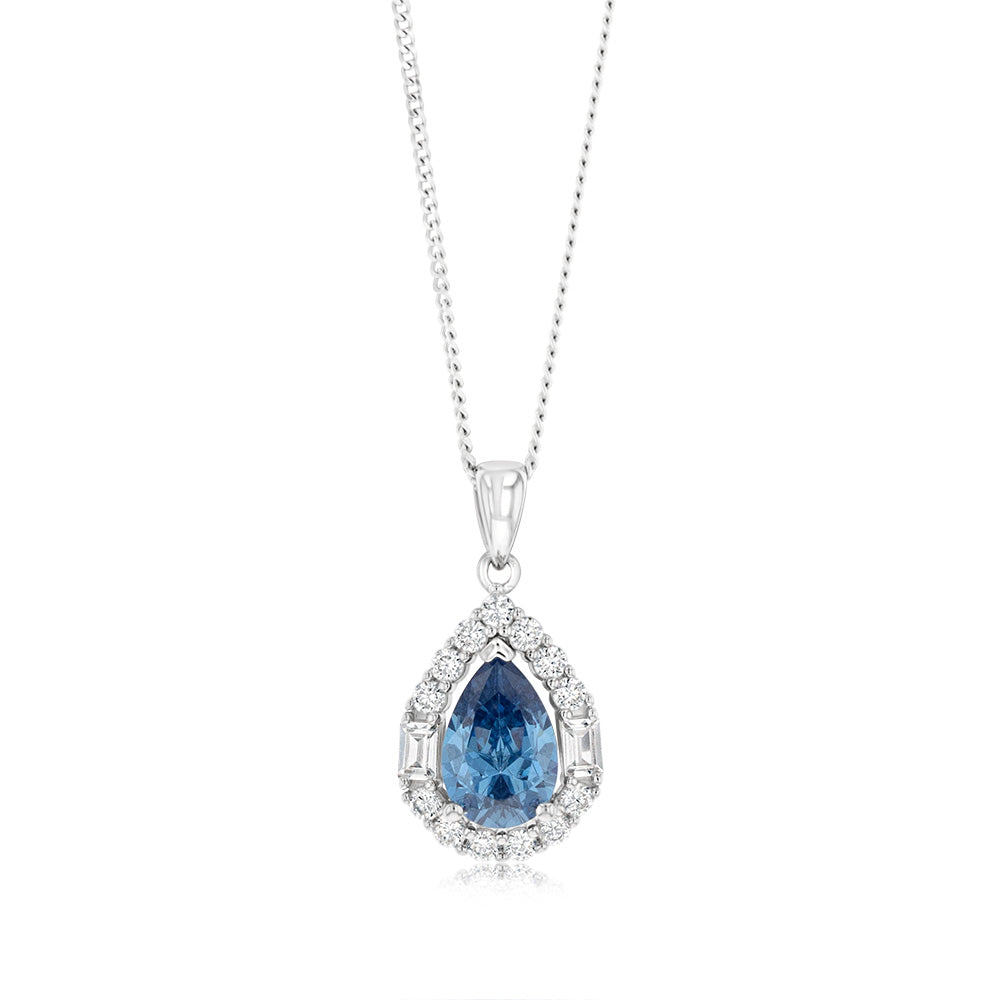 Sterling Silver White And Sapphire Cubic Zirconia Pear Shaped Pendant