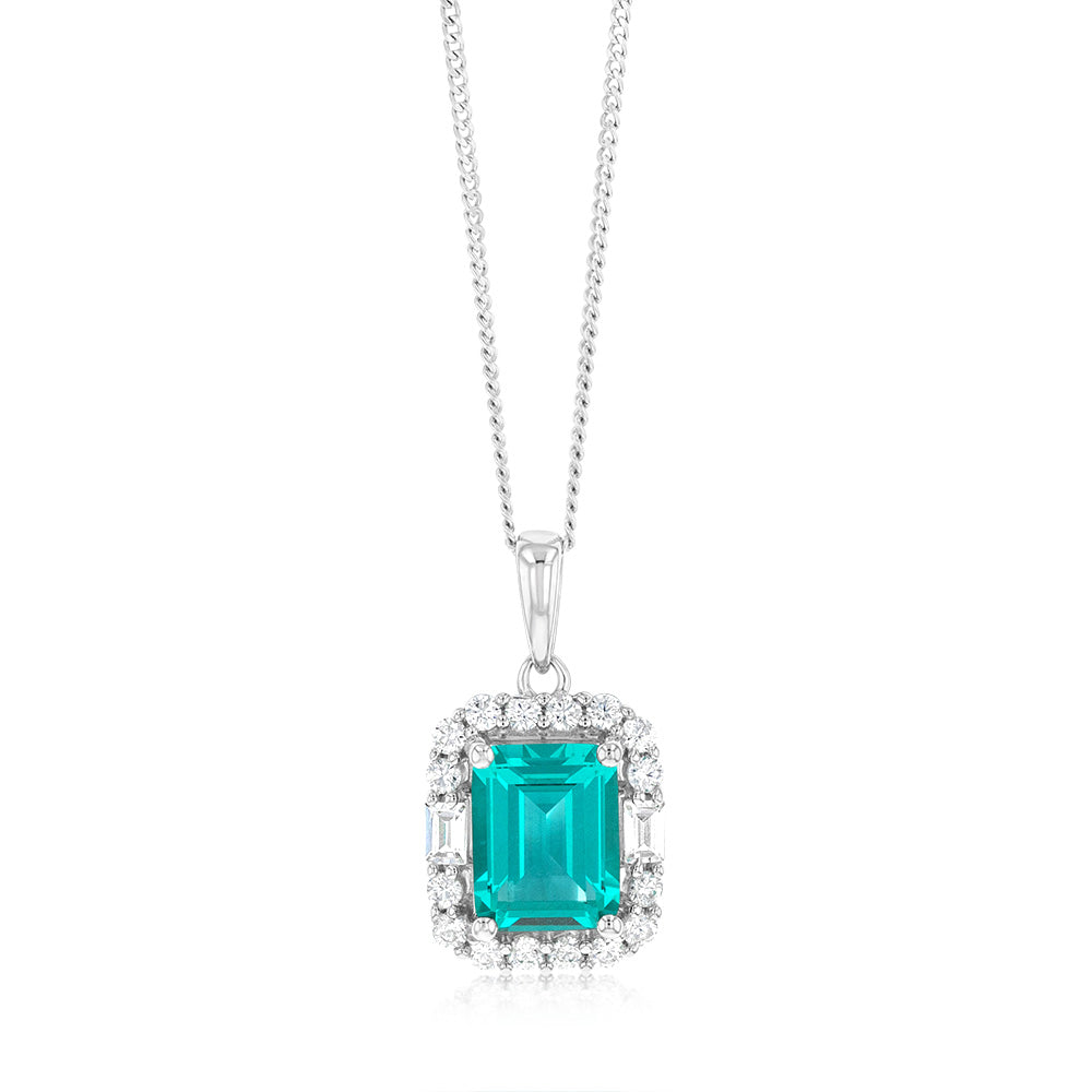 Sterling Silver Rhodium Plated White And Emerald Green Cubic Zirconia Rectangle Pendant