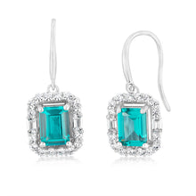 Load image into Gallery viewer, Sterling Silver Rhodium Plated White And Emerald Green Cubic Zirconia Rectangular Drop Earrings