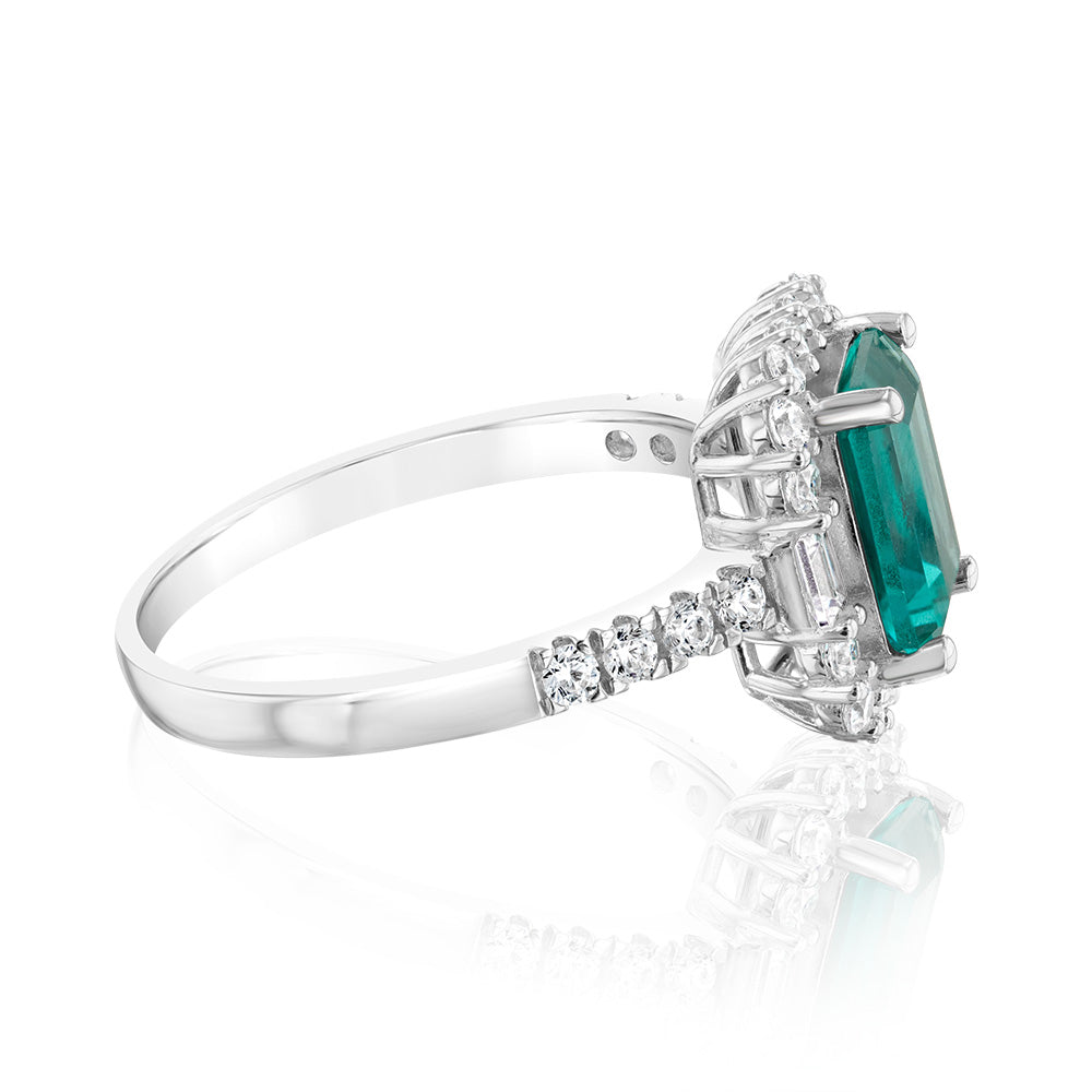 Sterling Silver Rhodium Plated White And Emerald Green Rectangular Cubic Zirconia Ring