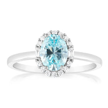 Load image into Gallery viewer, Sterling Silver Rhodium Plated White And Aquamarine Cubic Zirconia Oval Ring