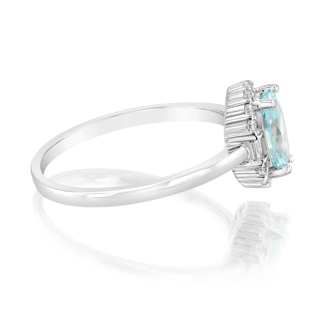 Sterling Silver Rhodium Plated White And Aquamarine Cubic Zirconia Oval Ring