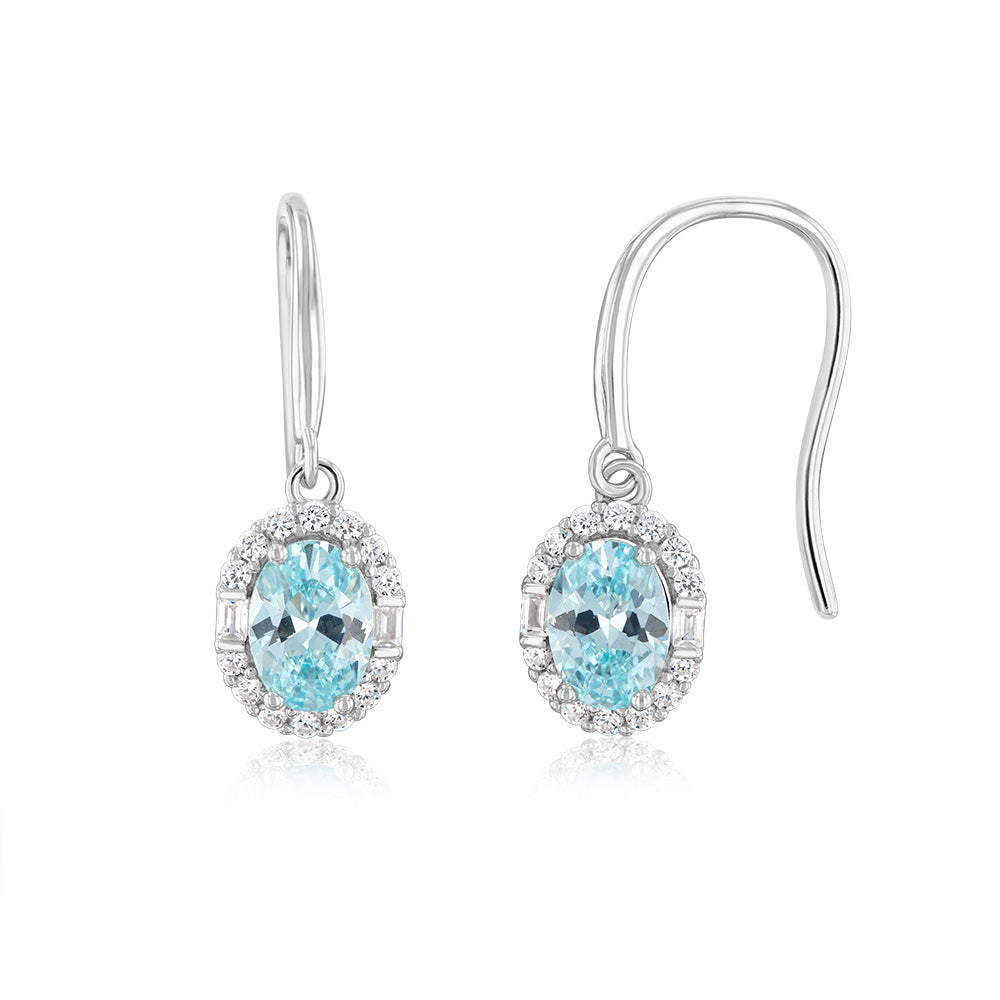 Sterling Silver Rhodium Plated White And Aquamarine Cubic Zirconia Oval Drop Earrings