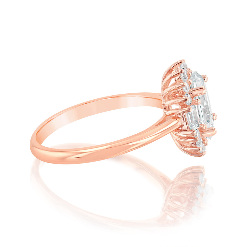 Sterling Silver Rose Gold Plated White Cubic Zirconia Fancy Flower Ring